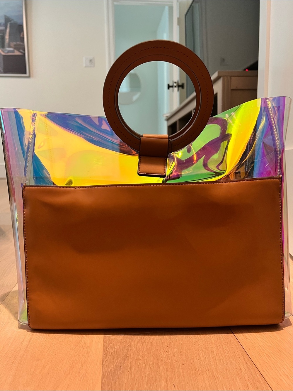 NWT! Vince Camuto Iridescent Clear Tote with Tan Accents